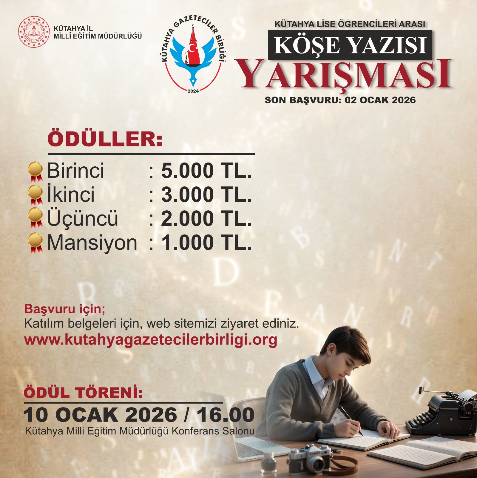 Kütahya Gazeteciler Birliği’nden Lise Öğrencileri Arası Köşe Yazısı Yarışması
